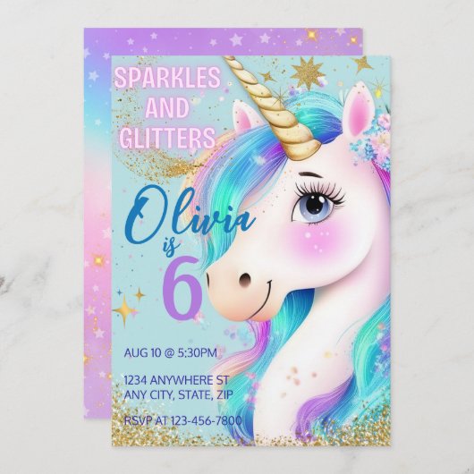 Rainbow Glitzer Einladung für Mädchen (Vorne/Hinten)