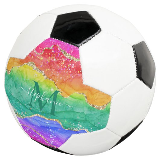 Rainbow Glitzer Gold Agate Monogram Fußball (Dreiviertel)
