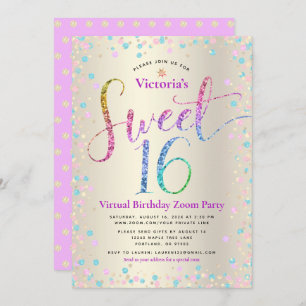 Rainbow Glitzer Gold Virtual Sweet 16 Geburtstag Einladung