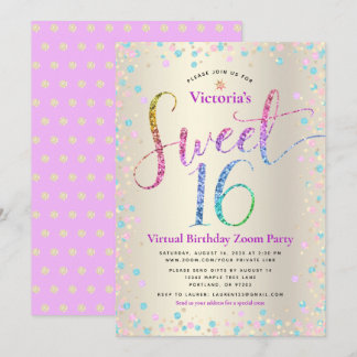 Rainbow Glitzer Gold Virtual Sweet 16 Geburtstag Einladung
