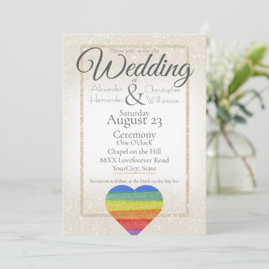 Rainbow Glitzer Herz on Ivory Gold Glitzer Einladung (Stehend Vorderseite)