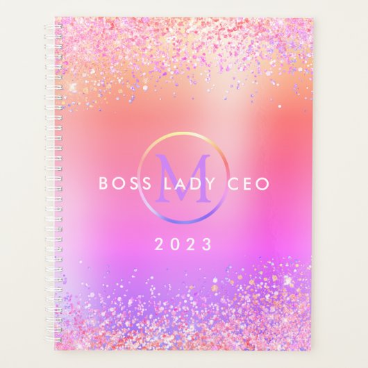 Rainbow Glitzer Metallic Monogram 2023 Boss Lady Planer (Vorderseite)