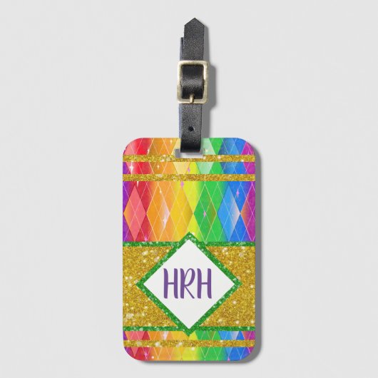 Rainbow Glitzer Monogram Prix Raute Diamond Gepäckanhänger (Vorderseite Vertikal)