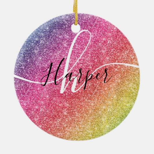 Rainbow Glitzer Monogramm Name Keramik Ornament (Hinten)