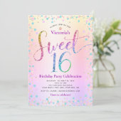 Rainbow Glitzer Ombre Script Sweet 16 Birthday Einladung (Stehend Vorderseite)