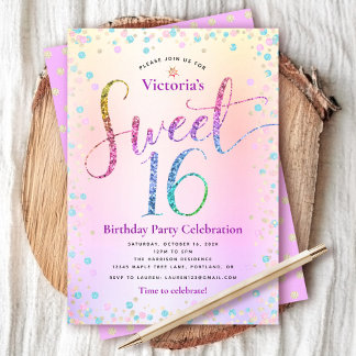 Rainbow Glitzer Ombre Script Sweet 16 Birthday Einladung
