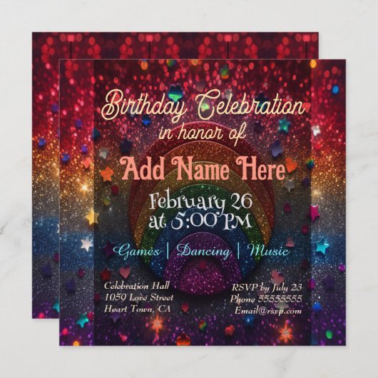 Rainbow-Glitzer-Party Einladung (Vorne/Hinten)