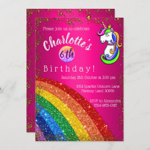 Rainbow Glitzer Pink Unicorn Geburtstagsparty Einladung