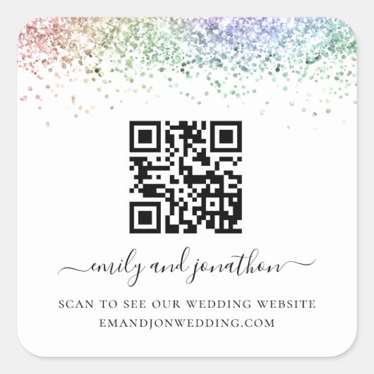 Rainbow Glitzer QR Code Wedding Website Quadratischer Aufkleber (Vorderseite)