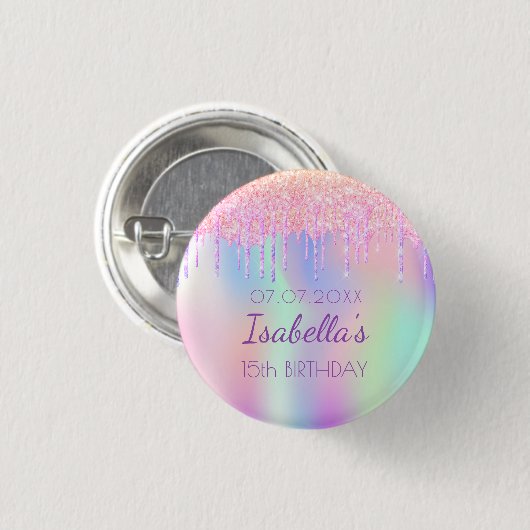Rainbow Glitzer rosa Name monogramm Button (Vorne & Hinten)