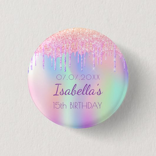 Rainbow Glitzer rosa Name monogramm Button (Vorderseite)