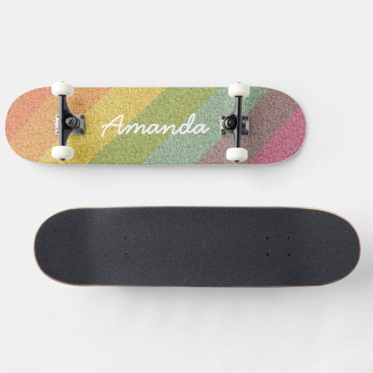Rainbow Glitzer Skateboard personalisiert mit Name (Horizontal)