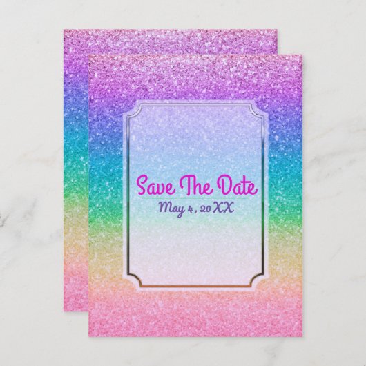 Rainbow Glitzer Sparkle Glam Party Event Rett Ankündigungspostkarte (Vorne/Hinten)