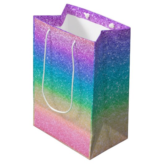 Rainbow Glitzer Sparkle Hübsch Birthday Party Glam Mittlere Geschenktüte (Vorderseite Schrägansicht)