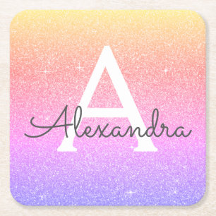 Rainbow Glitzer & Sparkle Monogram Geburtstag Rechteckiger Pappuntersetzer