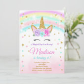 Rainbow Glitzer Stars Unicorn Einladung zum Geburt (Stehend Vorderseite)