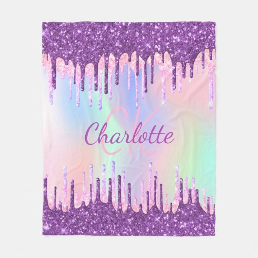 Rainbow-Glitzer-Tropfen lila rosa Monogramm-Skript Fleecedecke (Vorderseite)