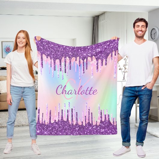 Rainbow-Glitzer-Tropfen lila rosa Monogramm-Skript Fleecedecke