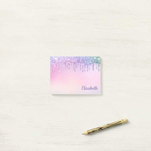 Rainbow Glitzer Tropfen Personalisiert Post-it Klebezettel (Auf Schreibtisch)