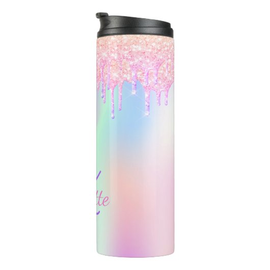 Rainbow-Glitzer-Tropfen rosa holografische Monogra Thermosbecher (Nach rechts gedreht)