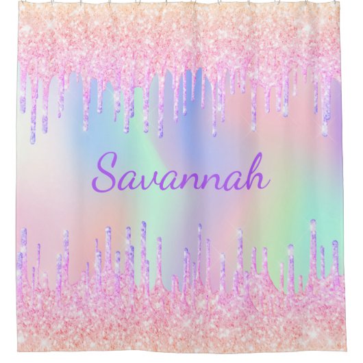 Rainbow Glitzer Tropfen rosa Monogramm Duschvorhang (Vorderseite)