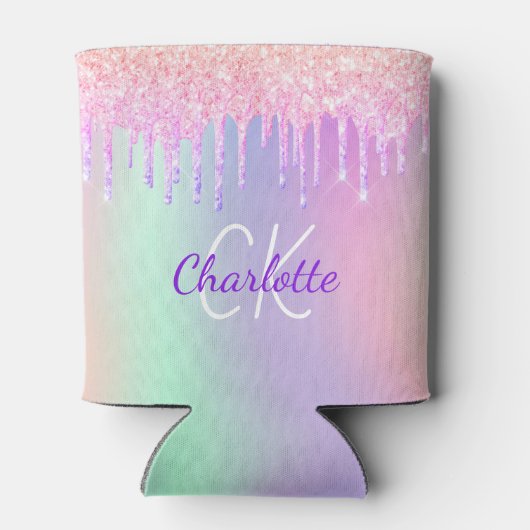 Rainbow-Glitzer-Tropfen rosa Monogramm-Funkeln Dosenkühler (Rückseite)