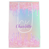 Rainbow Glitzer Tropfen Rosa Monogramm Mittlere Geschenktüte (Rückseite)