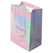 Rainbow Glitzer Tropfen Rosa Monogramm Mittlere Geschenktüte (Rückseite Schrägansicht)