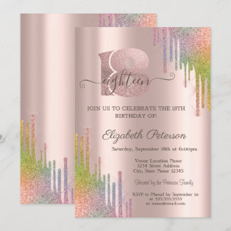 Rainbow Glitzer Tropfen Rose Gold 18. Geburtstag Einladung