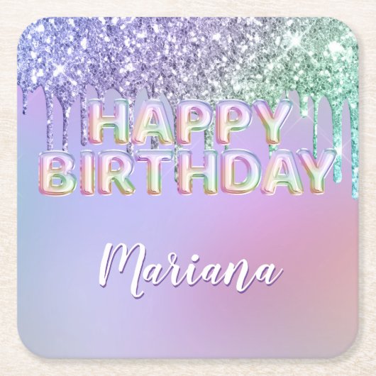 Rainbow Glitzer Tropfens Girl Birthday Party Rechteckiger Pappuntersetzer (Vorderseite)