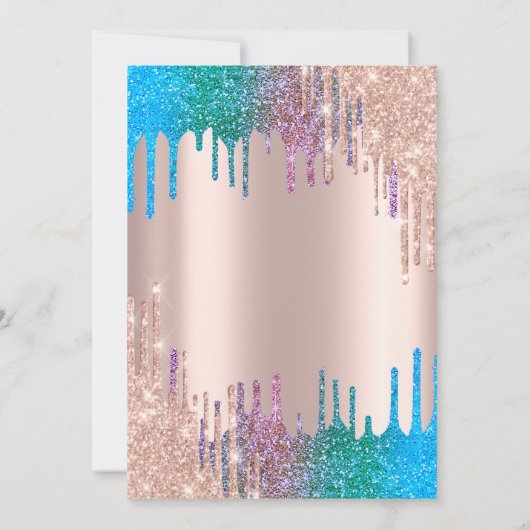 Rainbow Glitzer Tropfens Pink Flamingos Quinceañer Einladung (Rückseite)