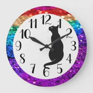 Rainbow-Glitzer und Black Cat Große Wanduhr
