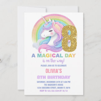 Rainbow Glitzer Unicorn Einladung zum Geburtstag