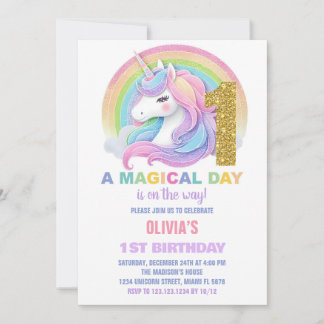 Rainbow Glitzer Unicorn Einladung zum Geburtstag