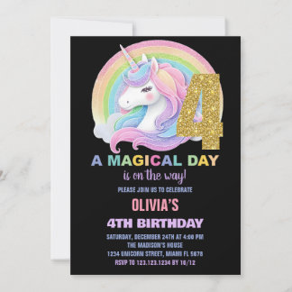 Rainbow Glitzer Unicorn Einladung zum Geburtstag