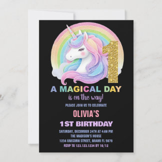 Rainbow Glitzer Unicorn Einladung zum Geburtstag