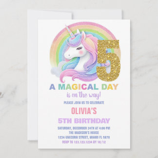 Rainbow Glitzer Unicorn Einladung zum Geburtstag