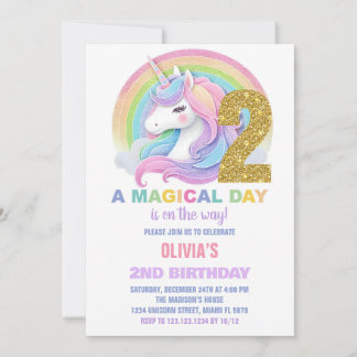 Rainbow Glitzer Unicorn Einladung zum Geburtstag