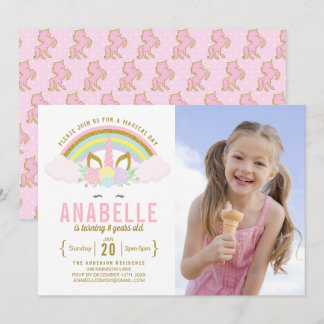 Rainbow Glitzer Unicorn Foto Geburtstagseinladung Einladung