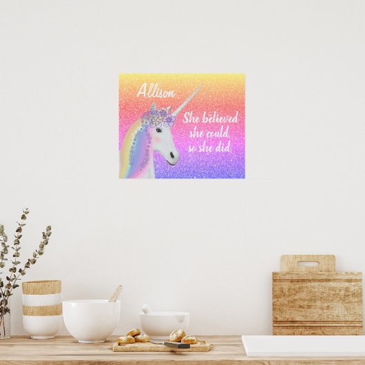 Rainbow Glitzer Unicorn Girls Personalisiert Poster (Küche)