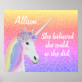 Rainbow Glitzer Unicorn Girls Personalisiert Poster (Vorne)