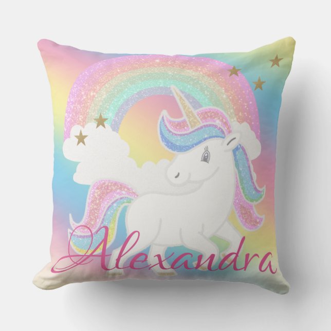 Rainbow Glitzer Unicorn mit Individuelle Name Kissen (Vorderseite)