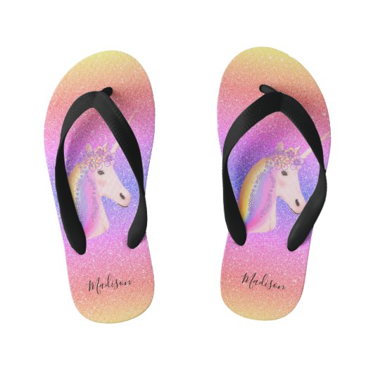 Rainbow Glitzer Unicorn Personalisiert Kinderbadesandalen (Fußbett)