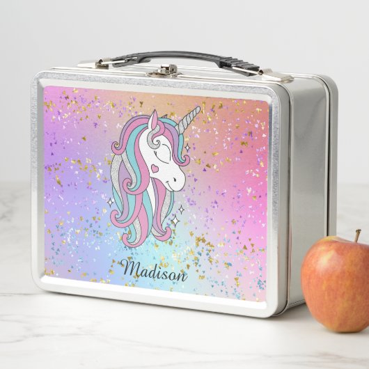 Rainbow Glitzer Unicorn Sparkle Personalisiert Metall Brotdose (Beispiel)