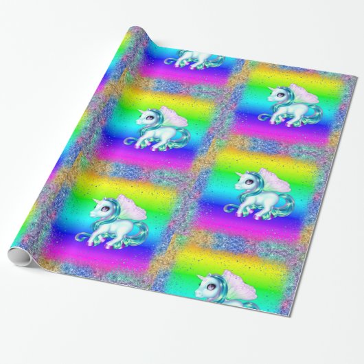 Rainbow Glitzer Unicorns Geschenkpapier (Ungerollt)