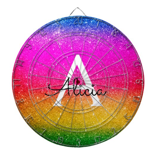 Rainbow Glitzern Yellow Green Lila Name Dartboard Dartscheibe (vorne)