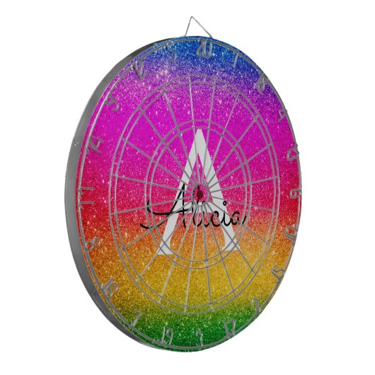 Rainbow Glitzern Yellow Green Lila Name Dartboard Dartscheibe (Vorderseite Links)