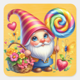 Rainbow Gnome Blume Basket Candy Quadratischer Aufkleber
