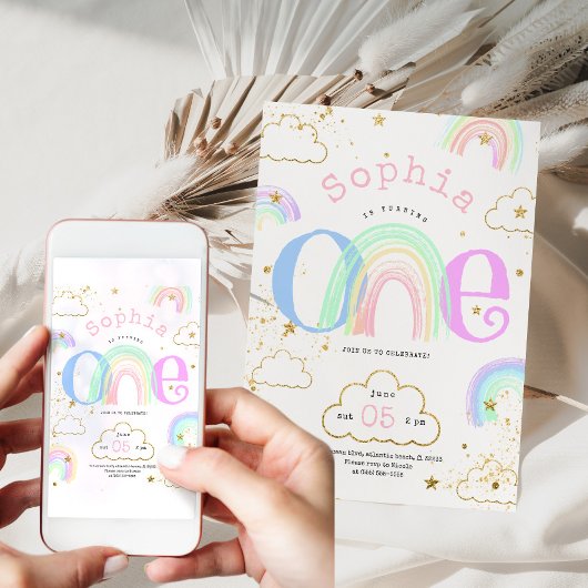 Rainbow Gold Clouds 1. Geburtstag Einladung