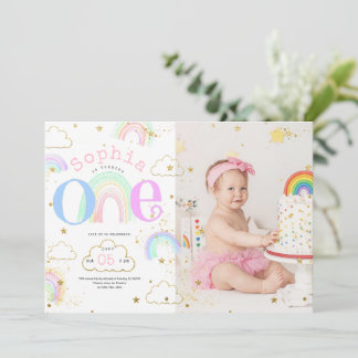 Rainbow Gold Clouds 1. Geburtstag Foto Einladung